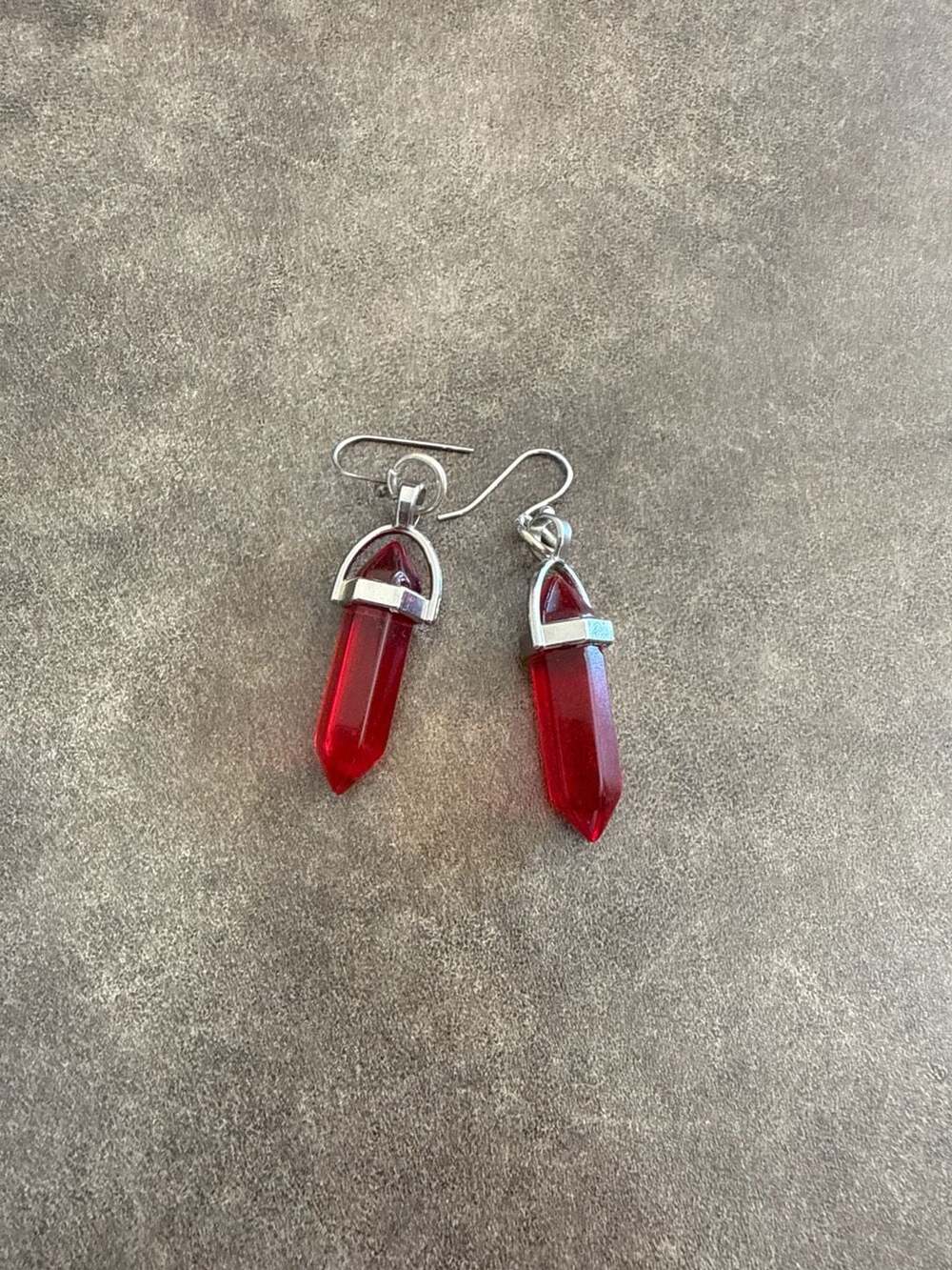 Red Glass Hexagonal Crystal Point Silver-Tone Dangle Hook Earrings
